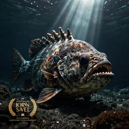 underwater video footage of giant ugly fish, creepy, dark tones, spot light.