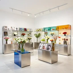 flower retail store, minimal, stainless steel and color glass, frame magazine, archidaily, bright light enviroment, contemporary art and sculpture of flower, damien hirst, trending on artstation, octane rendering, like art gallery