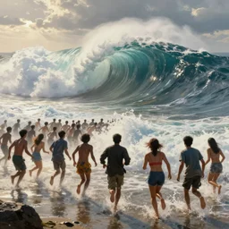 a crowd of people run away from the tsunami