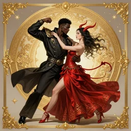 black man and a female devil in red dress are dancing together, Dark Souls 3 themed, in style of Ruan Jia, insanely detailed and intricate, golden ratio, elegant, ornate, luxury, elite, matte painting, cinematic, cgsociety, James jean, Brian froud, ross tran, Laputa