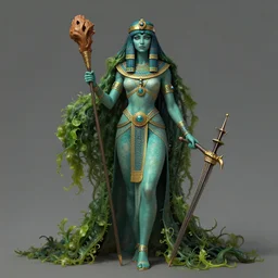 beautiful sorceress female with teal skin, full body shot, long hair made of algae, egyptian clothing, with a wooden stuff and a crossbow, d & d, fantasy, intricate, elegant, highly detailed, digital painting, artstation, concept art, matte, sharp focus, illustration, hearthstone, art by artgerm and greg rutkowski and alphonse mucha