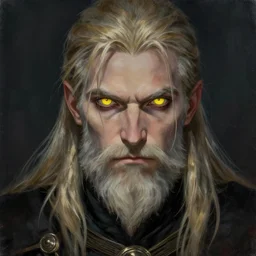 geralt of rivia with long beard and yellow cat eyes, close up, portrait, sinister atmospheric lighting. highly detailed painting by greg rutkowski, anime style