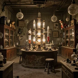 a vast and dusty old creepy mad occult lab. curiosities and bubbling interconnected glass tubes backlit, walls lined with apothecary cabinets, knick knacks and retired sideshow attractions