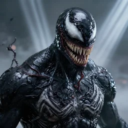 venom portrait, close up, futuristic sci-fi, alien fabric, venom costume, black slime, roots, chrome mask, beams of light, fog atmosphere, highly detailed, atmospheric, dark aesthetics, artstation, octane rendering, ultra realistic, 8k