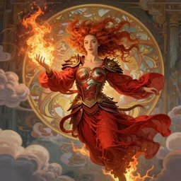 beautiful girl floating, ginger afro on fire with freckles inspired by annie, beautiful face, wearing red dragon armor corset and long flowing red robes blowing in the wind inspired by alphonse mucha, epic clouds and godlike lighting, intricate illustration and highly detailed digital art. inspired by artgerm.