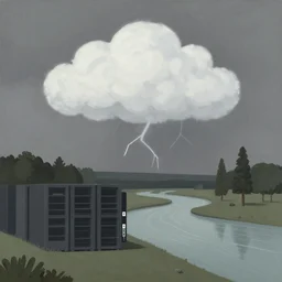 a data-center, connector, firewall, cloud, security, river, trees, thunderstorm, trending on Artstation, painting by Jules Julien, Leslie David and Lisa Frank and Peter Mohrbacher and Alena Aenami and Dave LaChapelle muted colors with minimalism