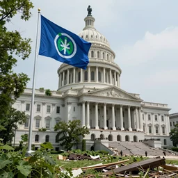 destroyed collapsed capitol covered by vegetation controlled by a militia, huge blue flag with green logo on capitol, hyperdetailed, artstation, cgsociety, 8 k