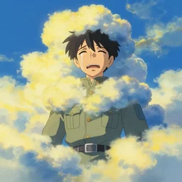 maximalist crying soldier!!!!! fully covered in yellow and blue clouds!!!, disarming, enchanting, handsome, fragile, hopeful, cloudcore, portrait, gapmoe yandere grimdark, trending on pixiv fanbox, painted by makoto shinkai takashi takeuchi studio ghibli, akihiko yoshida