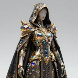 cybernetic crystal assassin, award winning concept art, realistic, smooth matte, intricate linework, beautiful spectrum of colorful gems on dark intricate armor cloak, cyborg, clear focus, glowing, baroque, hooded, ornate! gold!, specular, futuristic, very detailed, moody, magical, wlop, chebokha, rutkowski, artgerm, shinkai