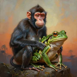 painting of hybrid monkey and frog!!!!!!!!!!!!!!!!! fused together, intercrossed animal, by zdzislaw beksinski, by lewis jones, by mattias adolfsson, cold hue's, warm tone gradient background, concept art, digital painting