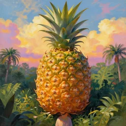 closeup, the giant pineapple head, girl surrounded by djungle, surreal photography, golden hour, colorful clouds, impressionist painting, digital painting, artstation, simon stalenhag