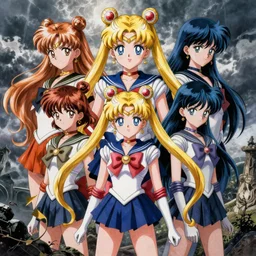 sailor moon and sailor mercury and sailor mars and sailor jupiter and sailor venus and sailor chibi moon and sailor uranus and sailor pluto and sailor neptune and tuxedo mask, anime art, unreal render, hyper detailed drawing, intricate, anime key visual, manga, digital painting, artstation, hard focus, symmetry, illustration, landscape