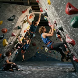 a man is sitting in an airplane, watching his friends enjoy bouldering in a gym
