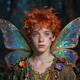 colorful and Festive Captivating Fairy teenager boy with red hair, atmospheric lighting, painted, intricate, highly detailed by Charlie Bowater