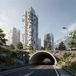 establishing shot of modern bjarke ingels condo building and gotthard tunnel entrance combined, roads tunnel under bjarke ingels condo building, scifi artstation digital concept art by denis villeneuve, unreal engine, hyper realism, realistic shading, cinematic composition, blender render, octane render, hdr, detailed textures, photorealistic, wide shot
