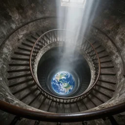 a spiral staircase underground leads down to the center of the earth, mist, tyndall effect, artstation. hyperdetailed, greg rutkowski, thomas kinkade