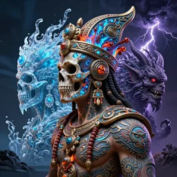 3 d ornate carved shaman with tattoos profile portrait, sigma 5 0 0 mm f / 5. beautiful intricate highly detailed quetzalcoatl skull. bioluminescent, plasma, lava, ice, water, wind, creature, thunderstorm, artwork by tooth wu and wlop and beeple and greg rutkowski, 8 k trending on artstation