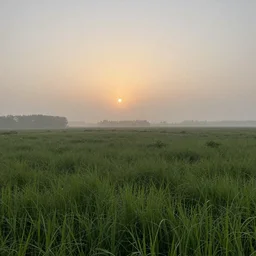grassy field with a sunset in the fog, photo by Vanessa Marsh,