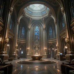 cinematic shot of the interior of a sci-fi spaceship made with ornate elven architecture and highly advanced technology, 8k, featured on artstation