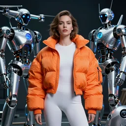 beautiful portrait, woman, wearing oversized orange puffy bomber jacket and white leotard, futuristic chrome drones, ultra realistic, dramatic lighting, robots, tron legacy artifacts, highly detailed by peter mohrbacher, wayne barlowe, boris vallejo, aaron horkey, gaston bussiere, craig mullins