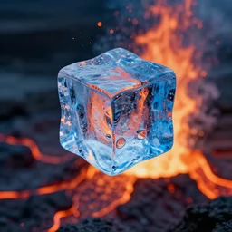 a professional photography of a blue ice cube floating through hot volcanic eruption, 8 k, high - resolution