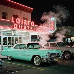 color street view in america of market district at night. a mint cadillac parked outside a casino, from 1 9 7 6, california. scorsese, kodachrome, fred herzog. steam lit by neon signs. 1 0 0 mm lens. low saturation, winter. detailed sharp photograph shot on hasselblad medium format cinestill film