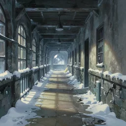 a wholesome animation key shot of a cute empty winter prison walkway, studio ghibli, pixar and disney animation, sharp, rendered in gouache painting, anime key art by greg rutkowski, bloom, dramatic, dynamic lighting