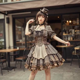 lomography, full body portrait photo of women like reol from a distance wearing a pleated steampunk dress with a choker and a small cute hat in past an open air cafe exterior,, realistic, dynamic perspective pose, skin tinted a warm tone, hdr, rounded eyes, detailed facial features,