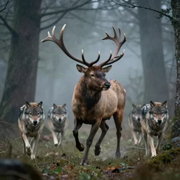 an elk with massive antlers running for it's life in a foggy rainy forest with wolves chasing, epic scene, extremely detailed masterpiece, extremely moody lighting, glowing light and shadow, atmospheric, shadowy, cinematic