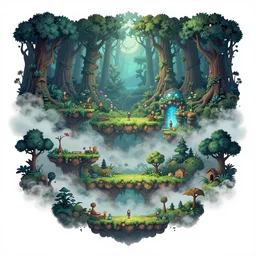 enchanted magical mysterious forest, parallax layer from a gorgeous indie platform game, on a white background, intricate, highly detailed, volumetric fog, masterpiece