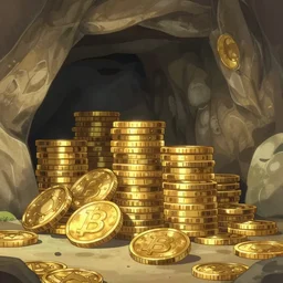 an underground cave with many gold coins stacked in it, animated film, stylised, illustration,, fantasy art, 2 d game art, by eyvind earle, scott wills, genndy tartakovski, roman shipunov, etienne hebinger, atey ghailan, cgsociety, cynical realism