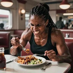 color photo of an angry muscular black female champion eating a dinner in the diner, dynamic lighting, cinematic tone.