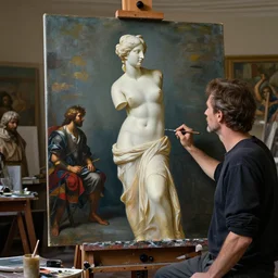 a painter in his studio painting a colourful picture of venus de milo by edgar maxence and caravaggio and michael whelan and delacroix style, artistic, intricate painting, cinematic lighting, hyper realistic, extremely detailed, establishing shot, 8 k resolution, dramatic lighting
