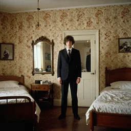 photo taken with provia provia photo taken with ektachrome by Wes Anderson flickr american barbizon school a matte painting a person standing in a bedroom with a hideous wallpaper and a mirror next to a bed 1976