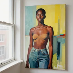 realistic beautiful black female standing next to a window, canvas, abstract, by warhol