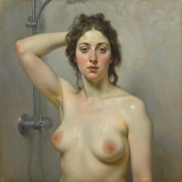 portrait of a lady in the shower, painting by stanhope forbes, oil on canvas