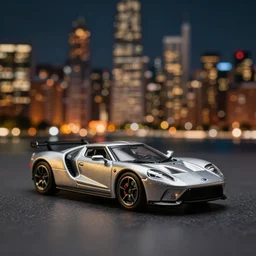 3 5 mm photo of metallic ford gt, like die cast model, with a blur chicago city night as background, golden ratio, hyper realist, dramatic lighting, medium shot, shallow depth of field, 8 k, epic cinematic, epic lighting