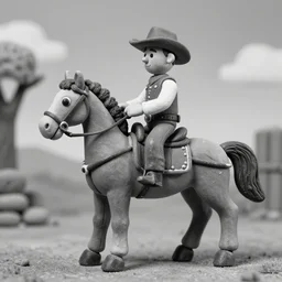 claymation of cowboy on horse, black and white photo
