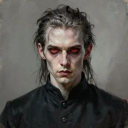 portrait painting of a badass young pale animalistic man with red eyes wearing a black cassock, ultra realistic, concept art, intricate details, eerie, highly detailed, photorealistic, octane render, 8 k, unreal engine. art by artgerm and greg rutkowski