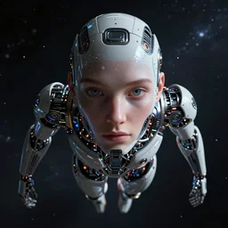 hyperrealistic mixed media portrait of a humanoid cyborg floating in space, stunning 3d render inspired art by P. Craig Russell and Barry Windsor-Smith + perfect facial symmetry + dim volumetric lighting, 8k octane beautifully detailed render, post-processing, extremely hyperdetailed, intricate futuristic mechanic parts, epic composition, grim yet sparkling atmosphere, cinematic lighting + masterpiece, trending on artstation