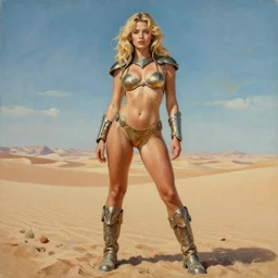 A mixed media portrait painting of a beautiful blonde woman posing on a desert alien planet, soldier, curvy, Dune-style armored bikini and boots, aesthetic symmetrical face and eyes, slavic, by Boris Vallejo, Beeple, Frank Frazetta, Greg Rutkowski, Christian MacNevin, epic fantasy character art, high fantasy, CGsociety, 60's Sci-fi Pinup style, exquisite detail, post-processing, masterpiece, cinematic, crysis