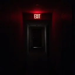 a pitch black hallway with no windows and one deep red exit sign at the end, photographed at night