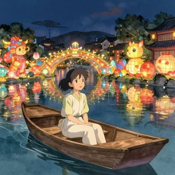 grand river lantern festival photo, a beautiful girl is sitting on the boat, chinese watercolor style, trending on artstation, global illumination, radiant light, night lighting, fantasy art by makoto shinkai,, highly detailed and intricate environment, 8 k