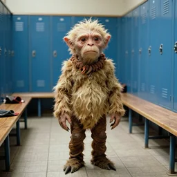 A long-shot , color school photograph portrait of Gollum in the locker room, tiled floor, summer, day lighting, 1990 photo from photograph Magazine.