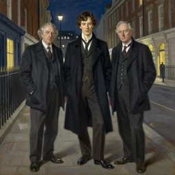 Richard Schmid and Jeremy Lipking full length portrait painting of classic Sherlock Holmes at night on a london street