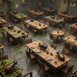 a room filled with lots of tables and chairs, concept art by senior environment artist, polycount contest winner, fantasy art, rendered in unreal engine, made of insects, unreal engine 5