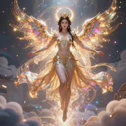 a beautiful female human god of power character, character is in all its glory, character is centered on the image, character is flying, rim lights, magic in the air, fancy clouds, highly detailed professional photo, dynamic lights, particles are flying, depth of field, trending on artstation, illustration, hyper realistic, vray caustics, super detailed, colorful accents, cinematic shot
