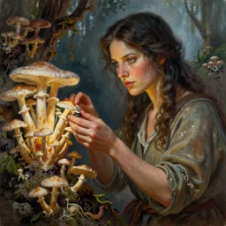 A mixed media portrait painting of a beautiful mycologist woman tending her cordyceps mushroom grove, detailed Aesthetic! face and eyes, slavic, by Frank Frazetta, Greg Rutkowski, Beeple, Boris Vallejo, Christian MacNevin, epic fantasy character art, high fantasy, CGsociety, full length, exquisite detail, post-processing, masterpiece, cinematic