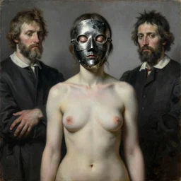 waist-high portrait of beautiful woman with closed eyes in steel full-face occult mask by Ilya Repin, William Blake, Michelangelo da Caravaggio and Beksinski, medium shot, grisaille, highly detailed oil painting, 4k, masterpiece