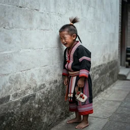a ultra high resolution photo a tai warrior, 2 5 years old, standing in traditional costume. he is standing with his head pressed on the old white brick wall in a narrow alleyway. he is crying. the light is dim, and the colours are muted.